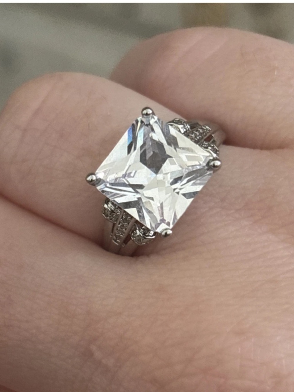 White Gold Plated Princess Cut Statement Ring Adjustable Lg Solitaire Engagement